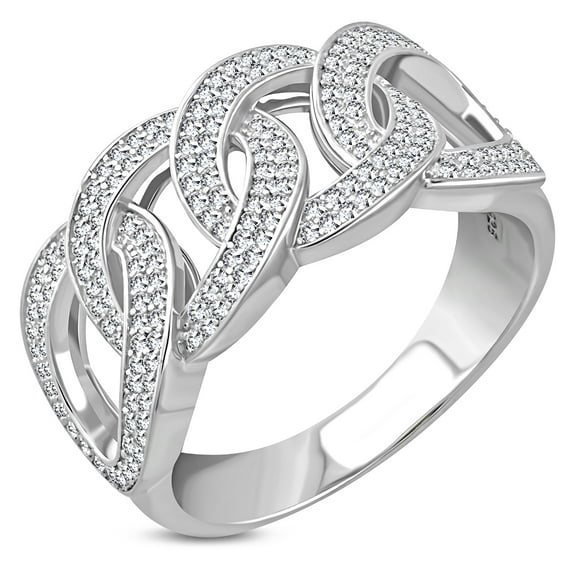 925 Sterling Silver Men's Silver-tone Micro Pave White CZ Stone Chain Link Design Band Ring