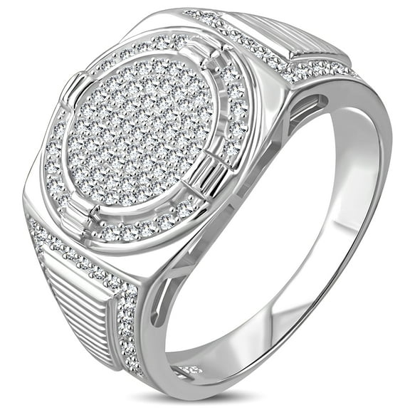 925 Sterling Silver Men's Silver-tone Micro Pave White CZ Stone Circular Signet Style Ring with Band Detail
