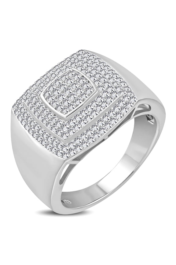 925 Sterling Silver Men's Silver-tone Micro Pave White CZ Stone Square Layered Signet Style Ring
