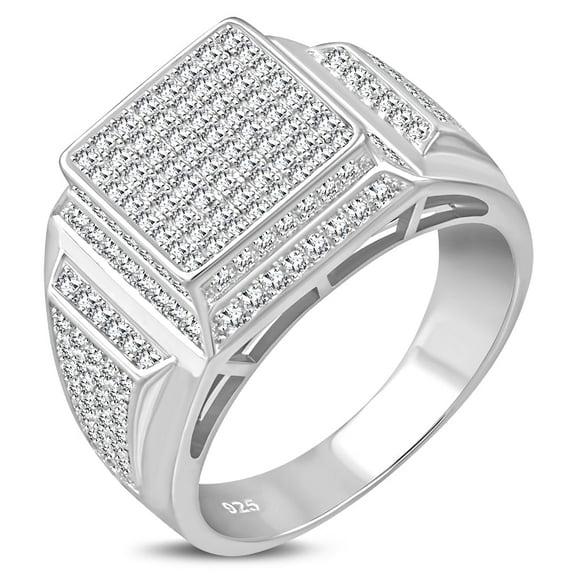 Sterling Silver Men's White CZ Stone Pyramid-Style Signet Ring Size 9