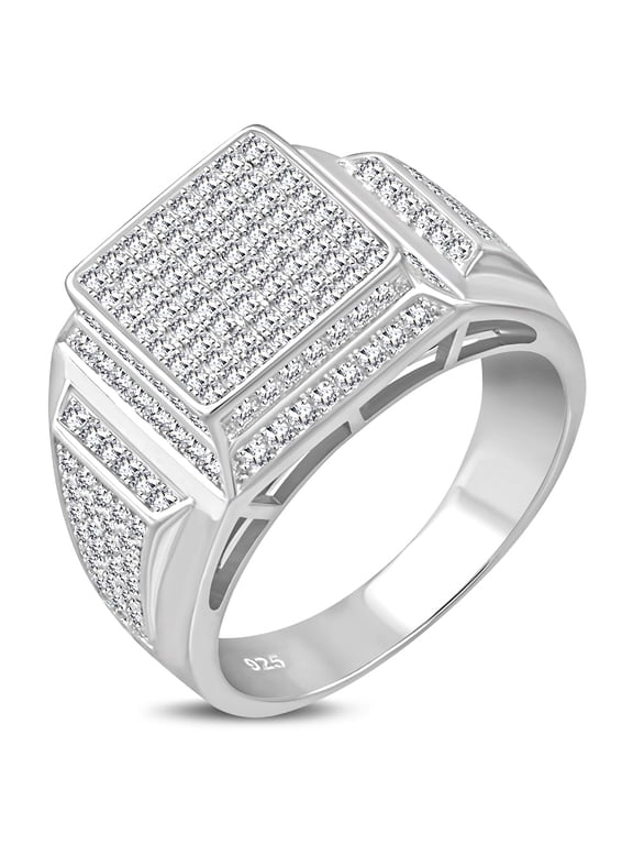 Sterling Silver Men's White CZ Stone Pyramid-Style Signet Ring Size 9