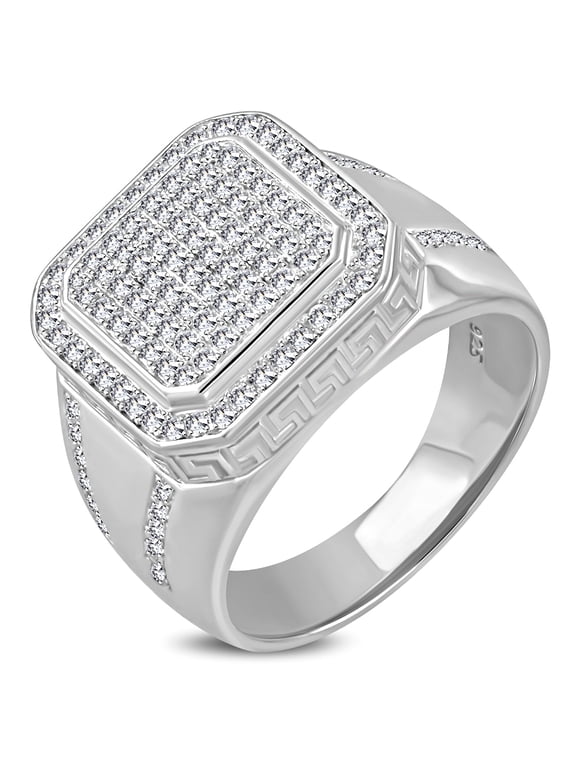 925 Sterling Silver Men's Silver-tone Micro Pave White CZ Stone Square Signet Style Ring with Band Detail