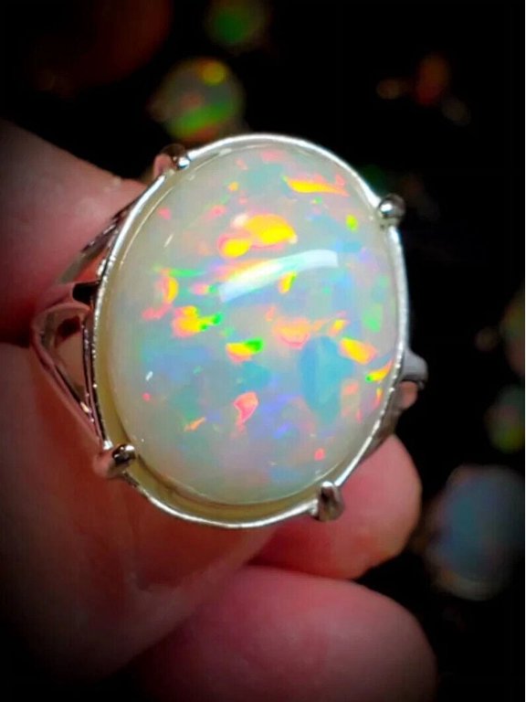 Arenagemsjewellery Round White Fire Opal Gemstone Ring, 925 Sterling Silver