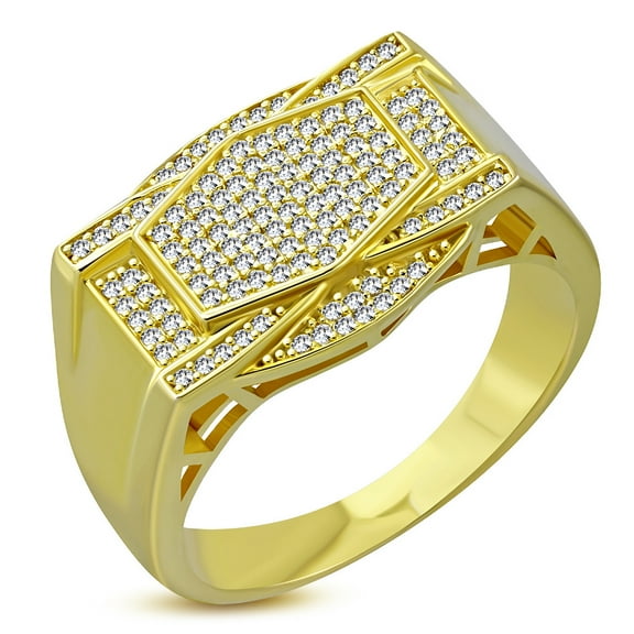 925 Sterling Silver Men's Yellow Gold-tone Micro Pave White CZ Stone Rectangle Signet Style Ring