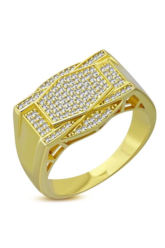 925 Sterling Silver Men's Yellow Gold-Tone Micro Pave White CZ Stone Signet Ring