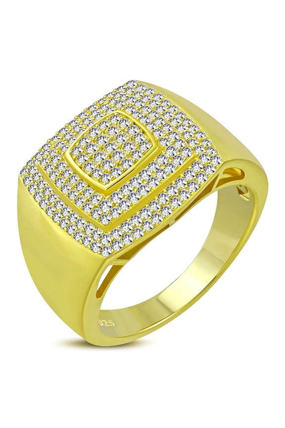 925 Sterling Silver Men's Yellow Gold-tone Micro Pave White CZ Stone Square Layered Signet Style Ring