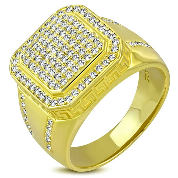 925 Sterling Silver Men's Yellow Gold-tone Micro Pave White CZ Stone Square Signet Style Ring with Band Detail
