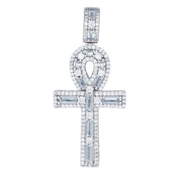925 Sterling Silver Mens Baguette Cubic Zirconia Egyptian Ankh Religious Charm Pendant 46.2x20.7mm Wide Necklace for Men