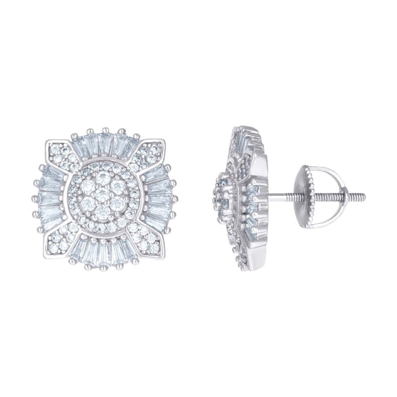 925 Sterling Silver Mens Baguette Cubic Zirconia Fashion Stud Earrings 15.2x15.2mm Wide Earring for Men