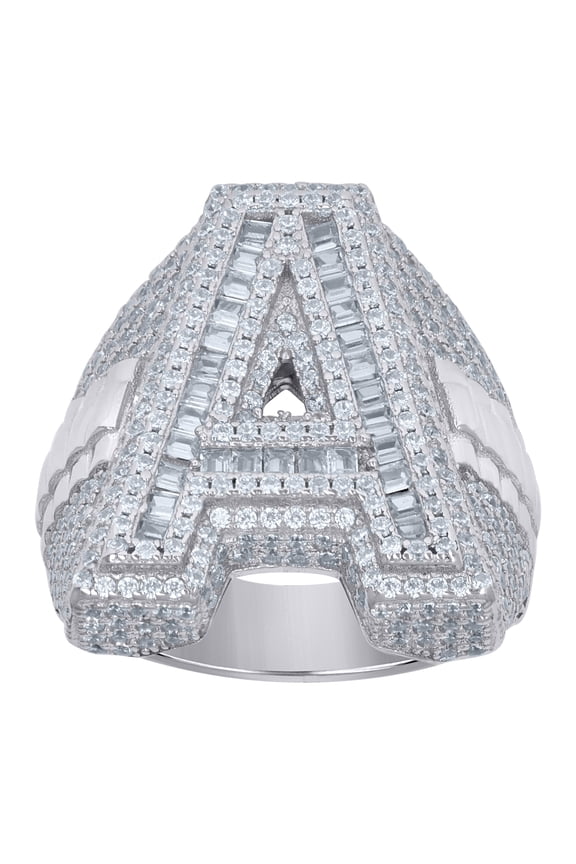 925 Sterling Silver Mens Baguette Cubic-Zirconia A Alphabet Initials Ring