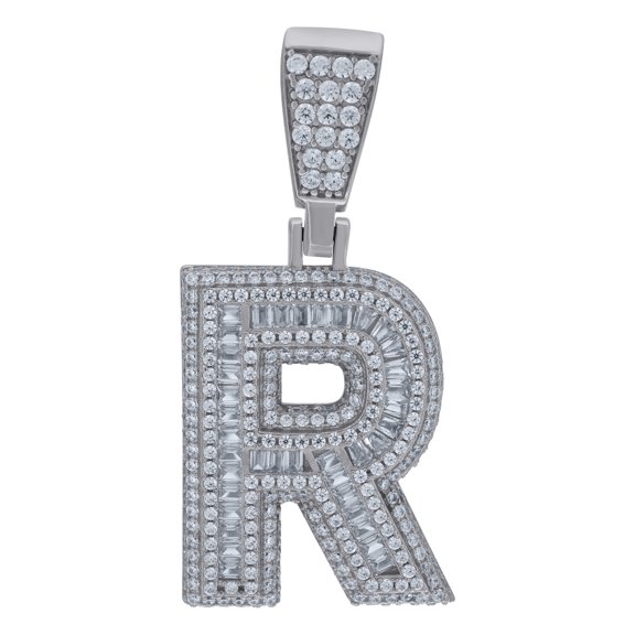 925 Sterling Silver Mens Baguette Cubic-Zirconia Initial Alphabet R Charm Pendant