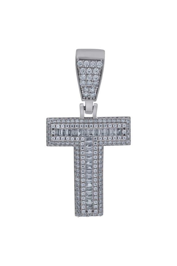 925 Sterling Silver Mens Baguette Cubic-Zirconia Initial Alphabet T Charm Pendant