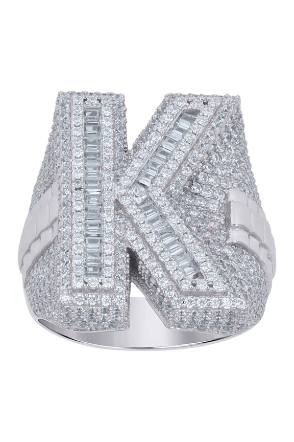 925 Sterling Silver Mens Baguette Cubic-Zirconia K Alphabet Initials Ring