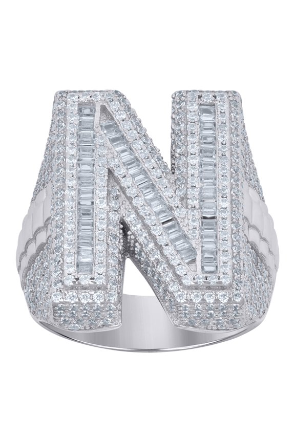 925 Sterling Silver Mens Baguette Cubic-Zirconia N Alphabet Initials Ring