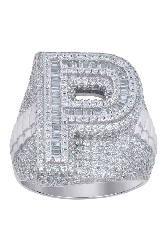 925 Sterling Silver Mens Baguette Cubic-Zirconia P Alphabet Initials Ring