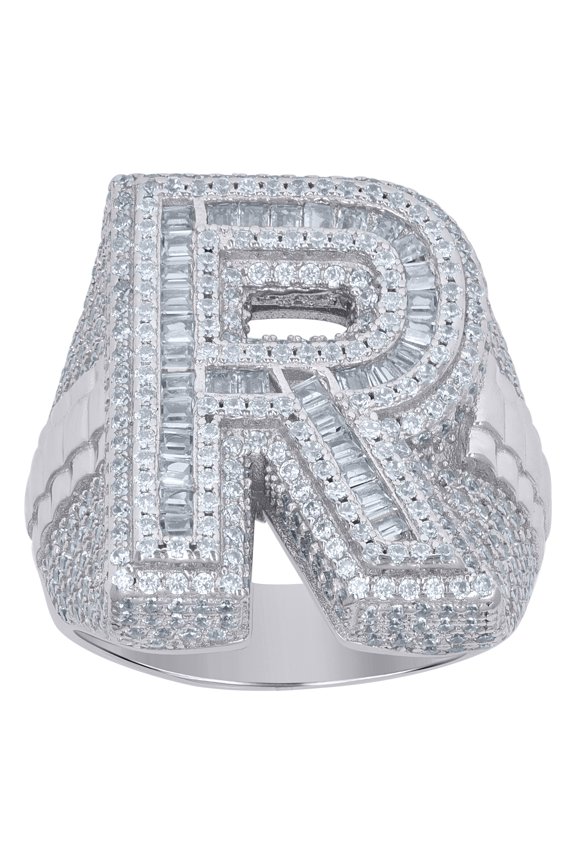 925 Sterling Silver Mens Baguette Cubic-Zirconia R Alphabet Initials Ring