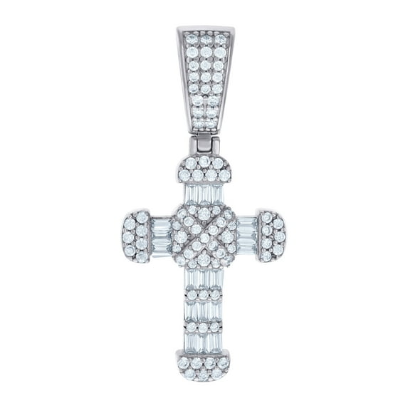 925 Sterling Silver Mens Baguette Round Cubic Zirconia Cross Religious Charm Pendant 35.9x16.5mm Wide Necklace for Men