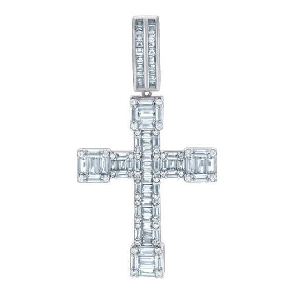 925 Sterling Silver Mens Baguette Round Cubic Zirconia Cross Religious Charm Pendant 54.7x28.9mm Wide Necklace for Men
