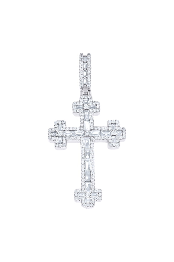 925 Sterling Silver Mens Baguette Round Cubic-Zirconia Cross Religious Charm Pendant