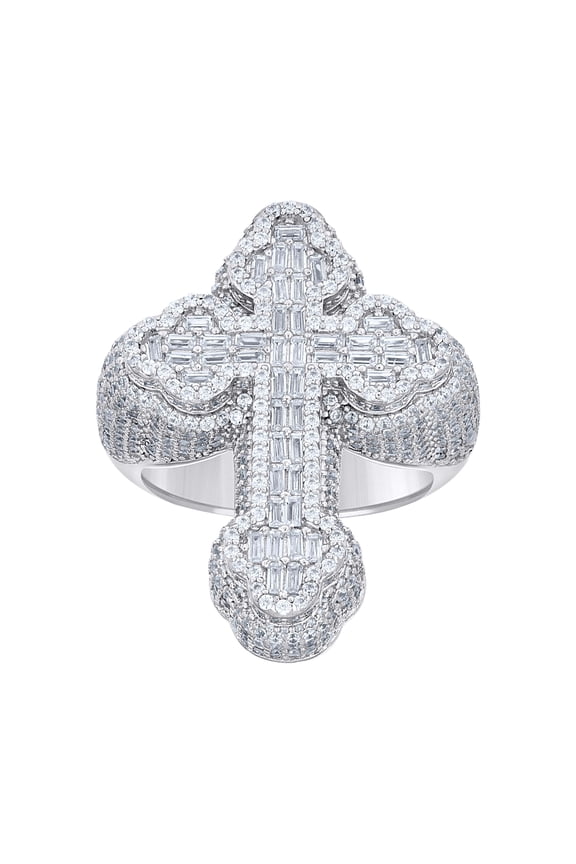 925 Sterling Silver Mens Baguette Round Cubic-Zirconia Cross Religious Ring S11