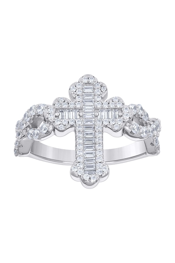 925 Sterling Silver Mens Baguette Round Cubic-Zirconia Cross Religious Ring S9