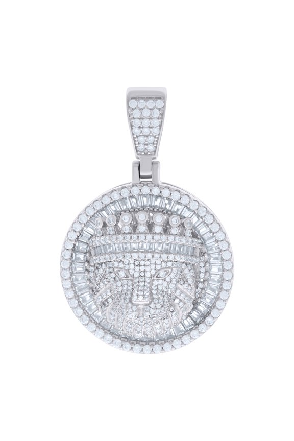 925 Sterling Silver Mens Baguette Round Cubic-Zirconia Lion Head Animal Wildlife Medallion Pendant