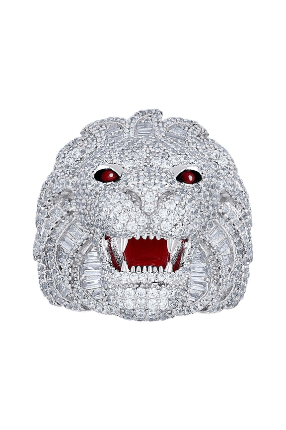 925 Sterling Silver Mens Baguette Round Cubic-Zirconia Lion Head Enameled Wildlife Ring S10