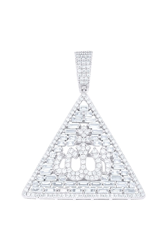 925 Sterling Silver Mens Baguette Round Cubic-Zirconia Pyramid ALLAH Religious Charm Pendant