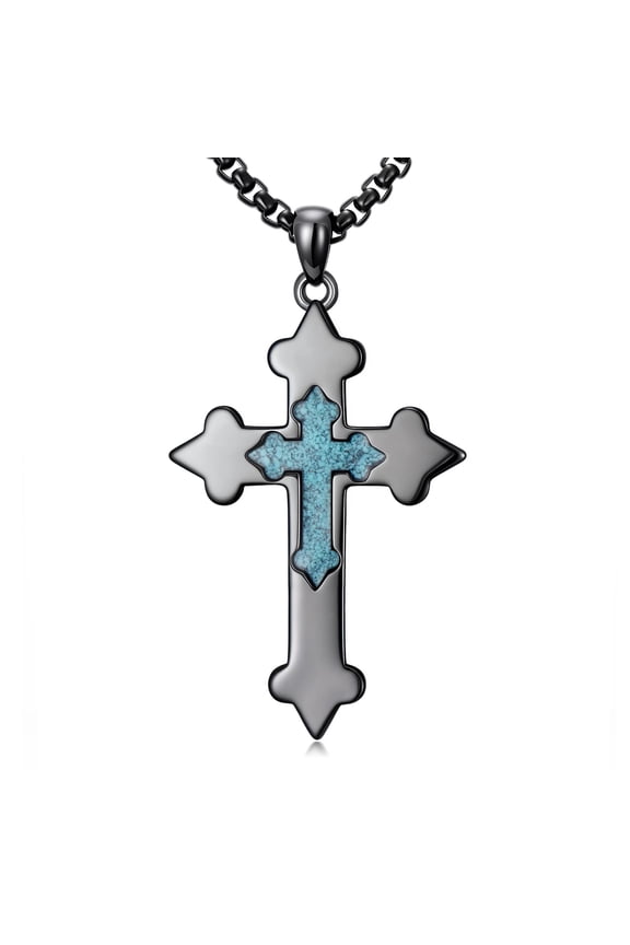 925 Sterling Silver Mens Black Crushed Turquoise Cross Necklace Western Religious Cross Pendant Vintage Turquoise Jewelry for Him