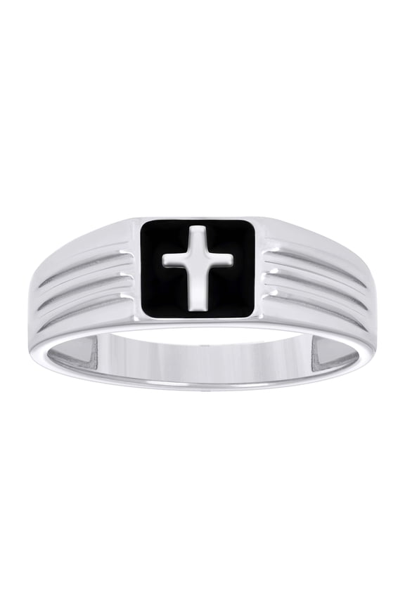 925 Sterling Silver Mens Black Enameled Cross Religious Ring Size 11