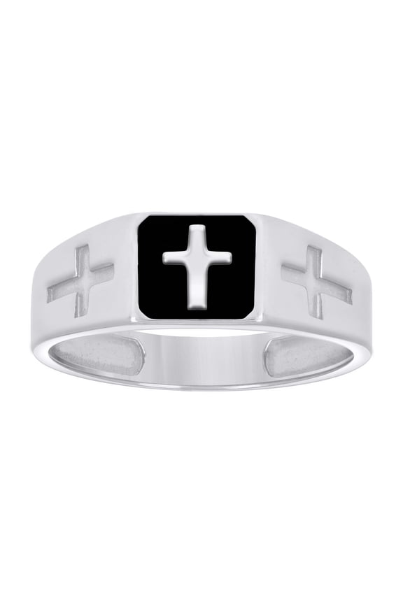 925 Sterling Silver Mens Black Enameled Cross Religious Ring Size 7
