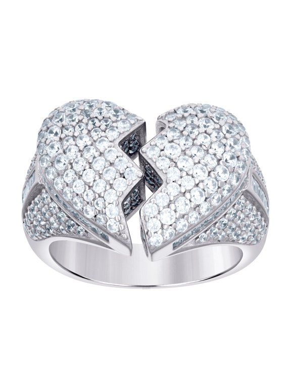 925 Sterling Silver Mens Cubic Zirconia Broken Love Heart Ring 14.9x4.6mm Wide Size 7 Ring for Men