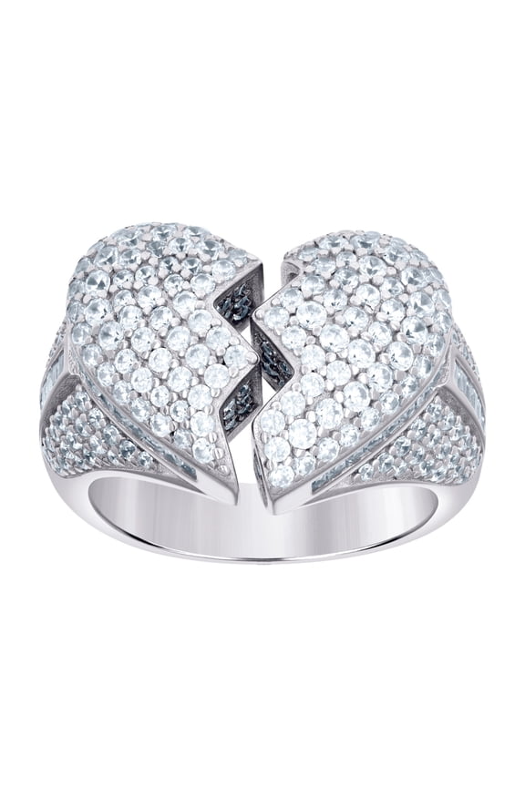 925 Sterling Silver Mens Cubic Zirconia Broken Love Heart Ring 14.9x4.6mm Wide Size 9 Ring for Men