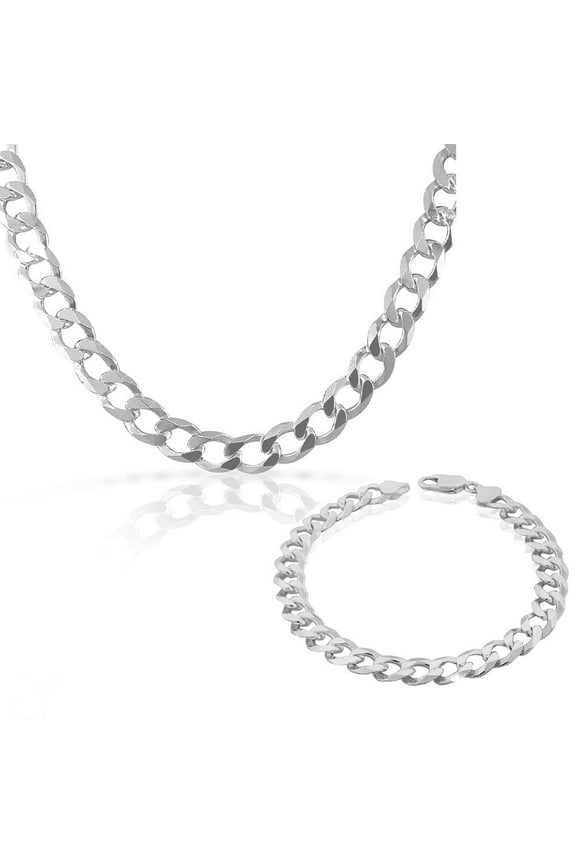 925 Sterling Silver Mens Classic Cuban Curb Link Chain Necklace Bracelet Set - Made in Italy