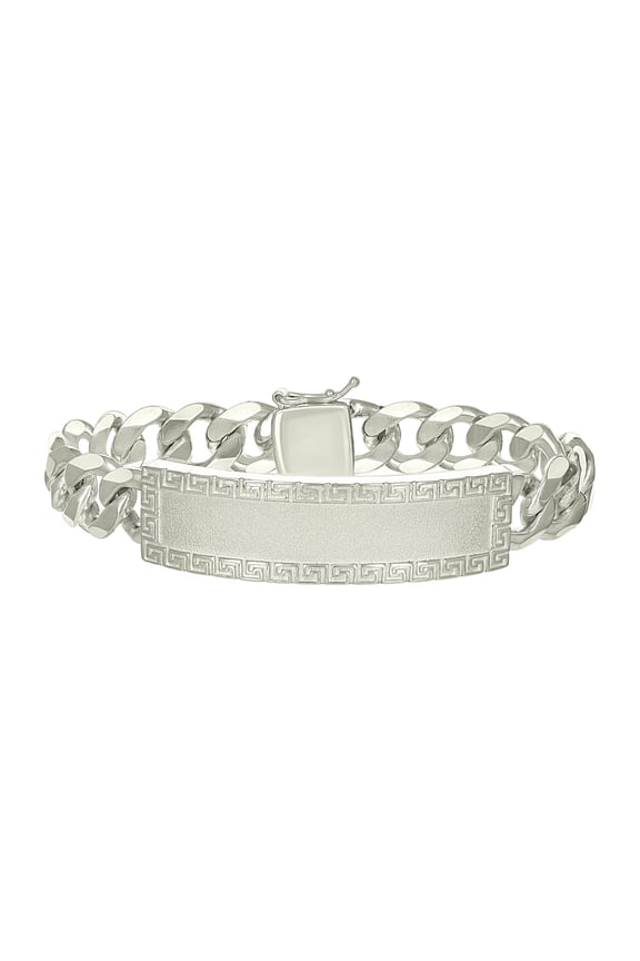925 Sterling Silver Mens Cuban Link Greek Key ID Bracelet Size 8 Inches