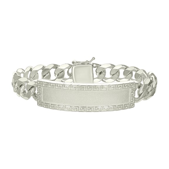 925 Sterling Silver Mens Cuban Link Greek Key ID Bracelet Size 8 Inches