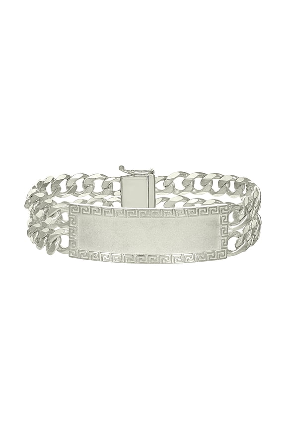 925 Sterling Silver Mens Cuban Link Greek Key ID Bracelet Size 8 Inches
