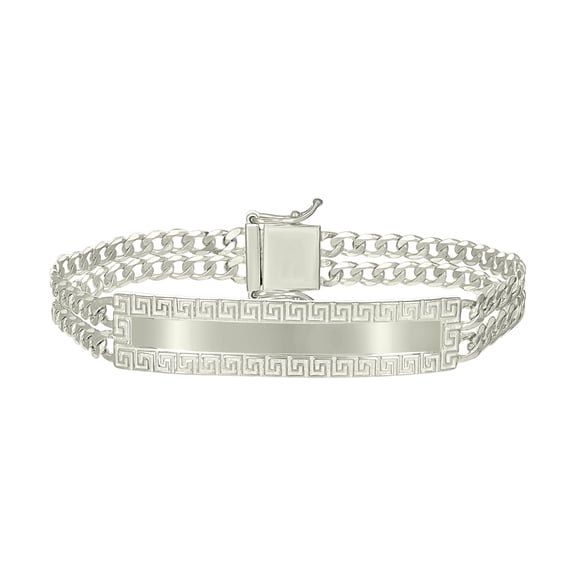 925 Sterling Silver Mens Cuban Link Greek Key ID Bracelet Size 8 Inches