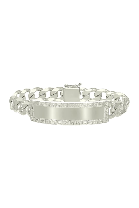 925 Sterling Silver Mens Cuban Link Greek Key ID Bracelet Size 8 Inches