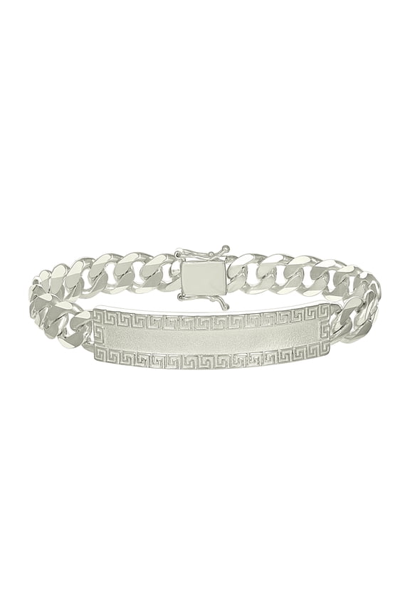 925 Sterling Silver Mens Cuban Link Greek Key ID Bracelet Size 8 Inches
