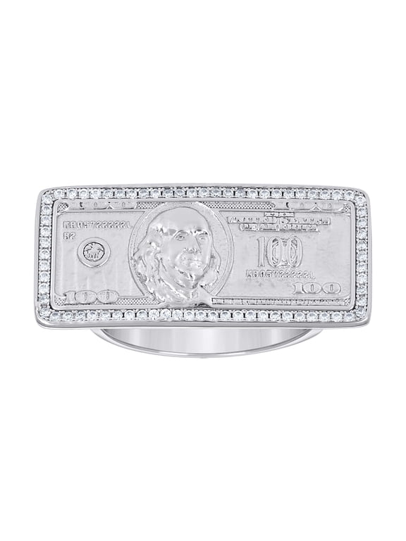 925 Sterling Silver Mens Cubic-Zirconia 100 Dollar Bill Currency Fashion Ring Size 8
