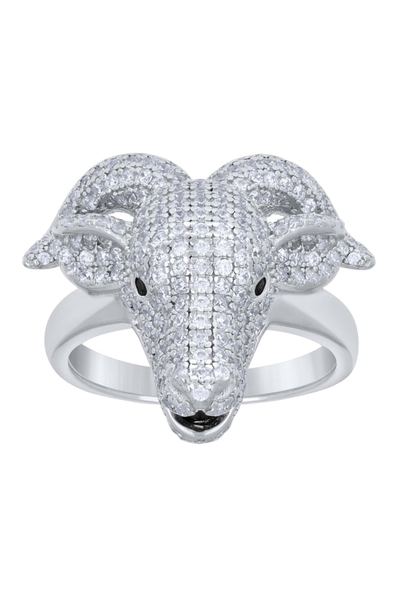 925 Sterling Silver Mens Cubic-Zirconia Black Enameled Goat Head Animal Wildlife Ring Size 10