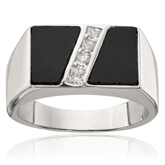 925 Sterling Silver Mens Cubic Zirconia CZ Black Onyx Ring