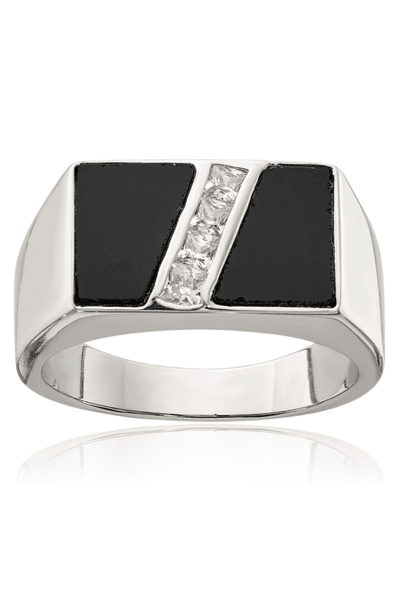925 Sterling Silver Mens Cubic Zirconia CZ Black Onyx Ring