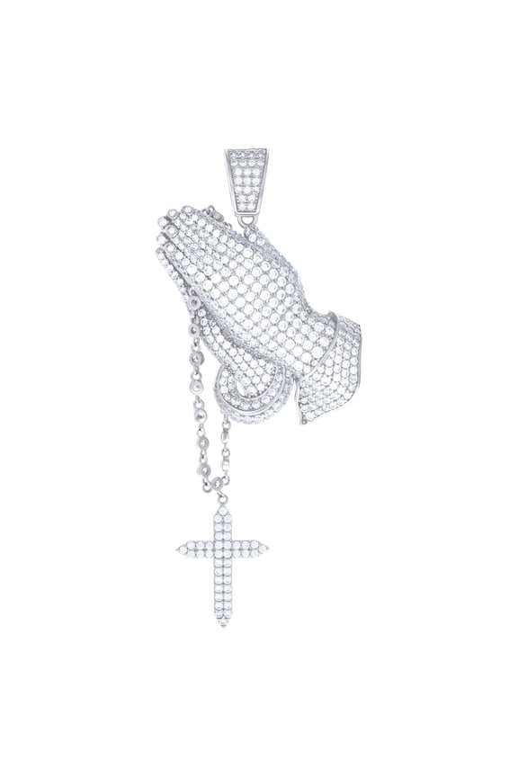 925 Sterling Silver Mens Cubic-Zirconia Cross Praying Hands Symbol Religious Charm Pendant