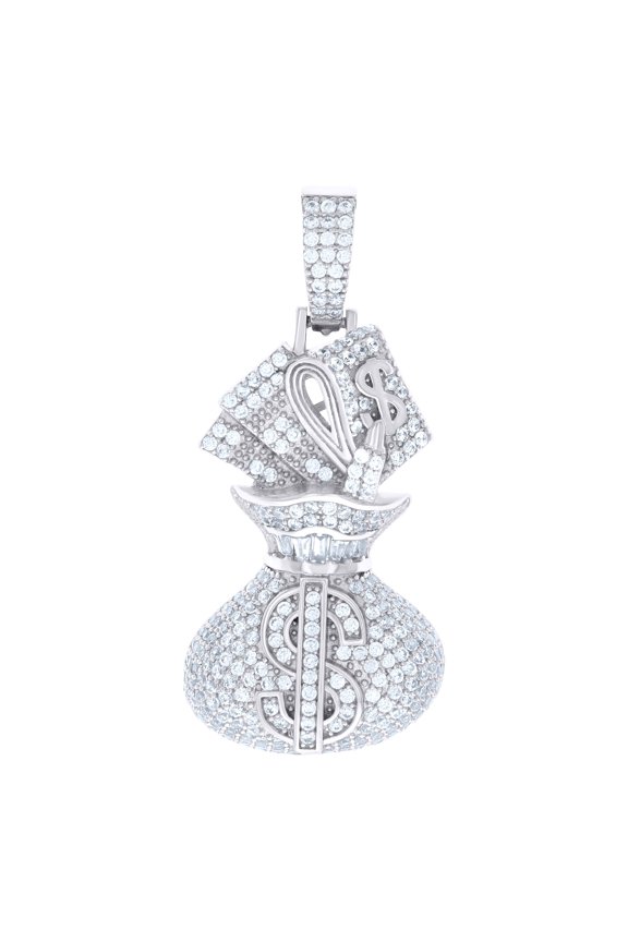 925 Sterling Silver Mens Cubic-Zirconia Money Bag Currency Fashion Charm Pendant