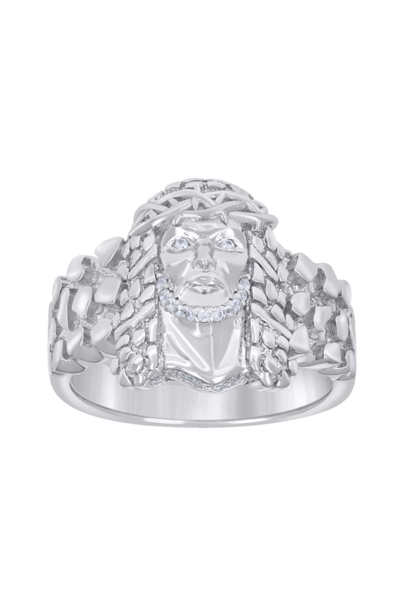 925 Sterling Silver Mens Cubic-Zirconia Nugget Jesus Religious Ring Size 8