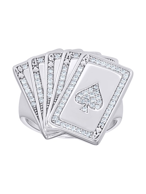925 Sterling Silver Mens Cubic-Zirconia Poker Cards Gambling Ring Size 9