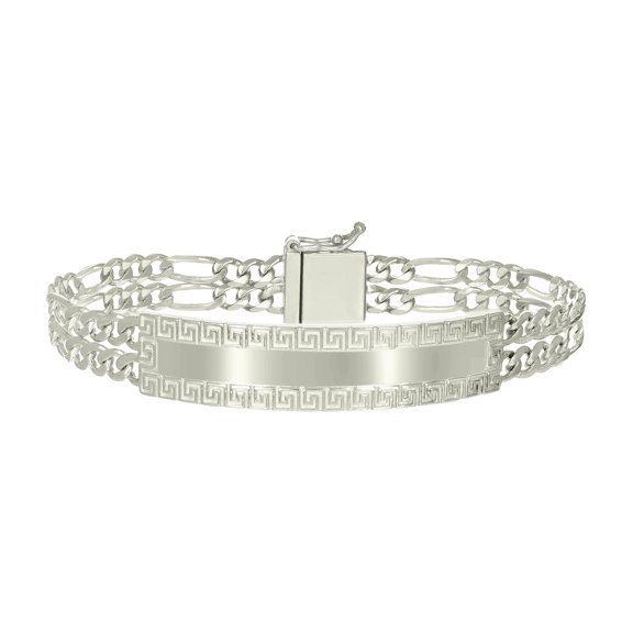925 Sterling Silver Mens Figaro Link Greek Key ID Bracelet Size 8 Inches