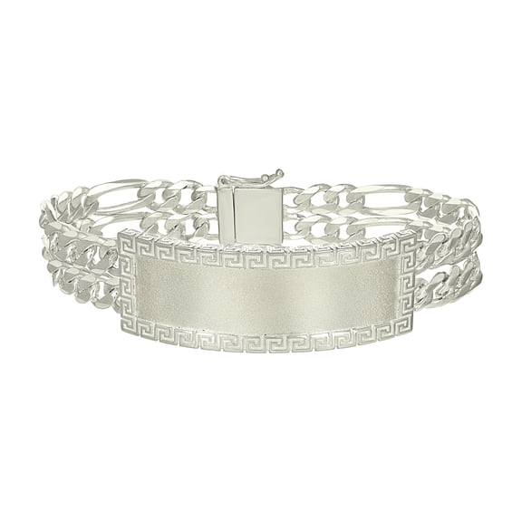 925 Sterling Silver Mens Figaro Link Greek Key ID Bracelet Size 8 Inches